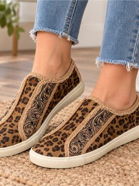 Montana West Leopard-Print Slip-On Sneakers in Brown and Tan​